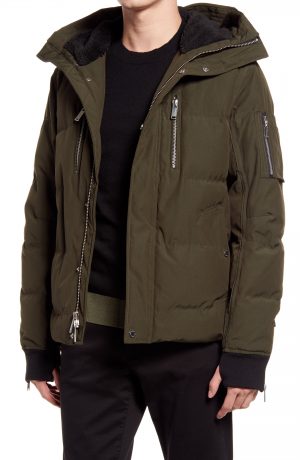 Karl Lagerfeld Paris Mid Length Down & Feather Jacket with Faux Shearling Lining, Size Small in Olive at Nordstrom Karl Lagerfeld Paris Mid Length Down & Feather Jacket with Faux Shearling Lining, Size Small in Olive at Nordstrom