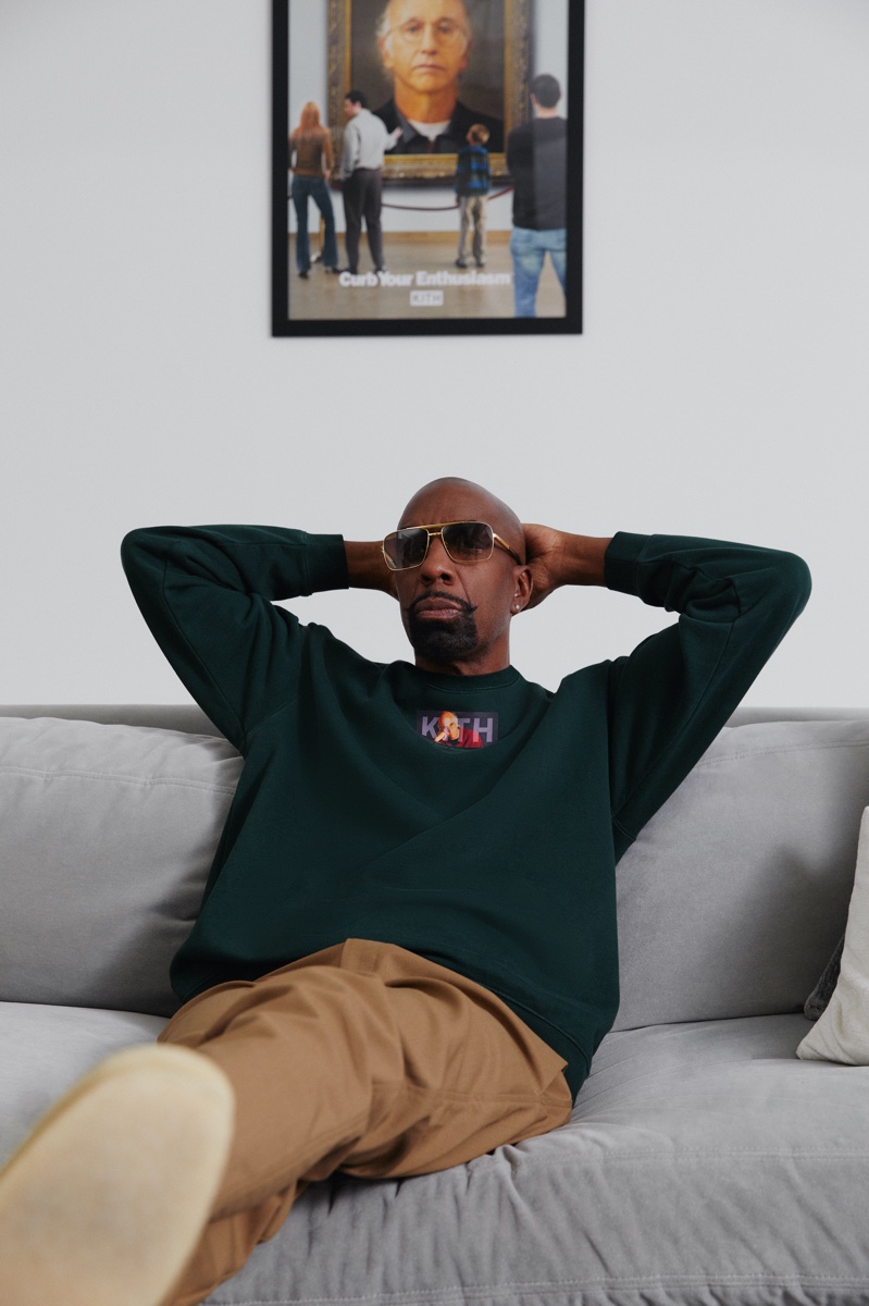 J.B. Smoove wears a sweatshirt from the Kith x HBO Curb Your Enthusiasm capsule collection.