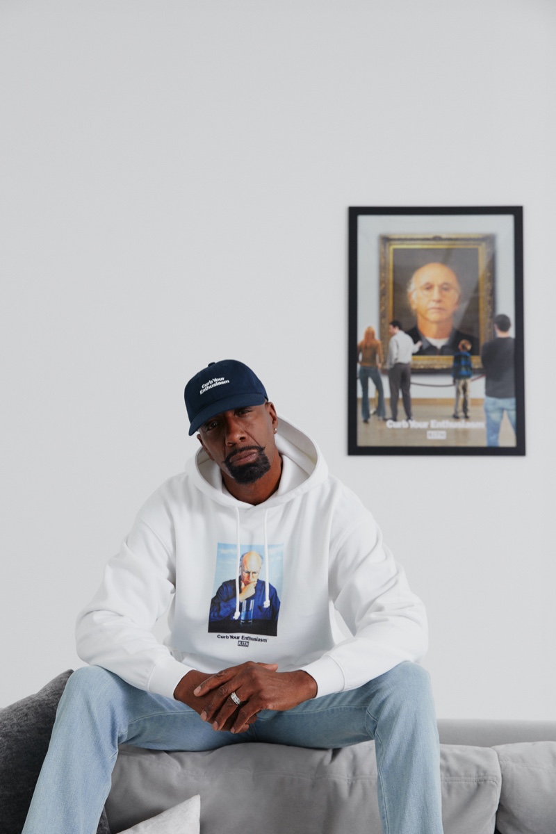 Actor J.B. Smoove sports a hoodie from the Kith x HBO Curb Your Enthusiasm capsule collection.