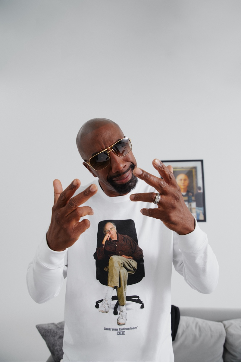 In front and center, J.B. Smoove dons a sweatshirt from the Kith x HBO Curb Your Enthusiasm capsule collection.