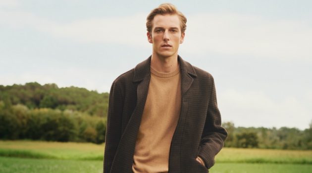 Quentin Demeester Fronts Mango Committed to the Future Campaign Quentin Demeester dons a single-breasted coat with a crewneck sweater and corduroy pants by Mango.