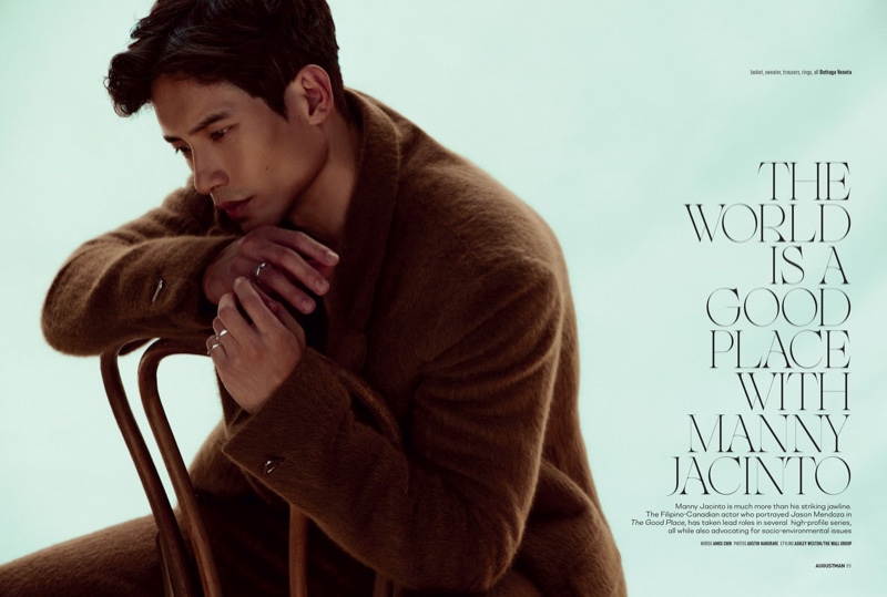 Embracing a monochromatic look in brown, Manny Jacinto wears Bottega Veneta for August Man's pages.