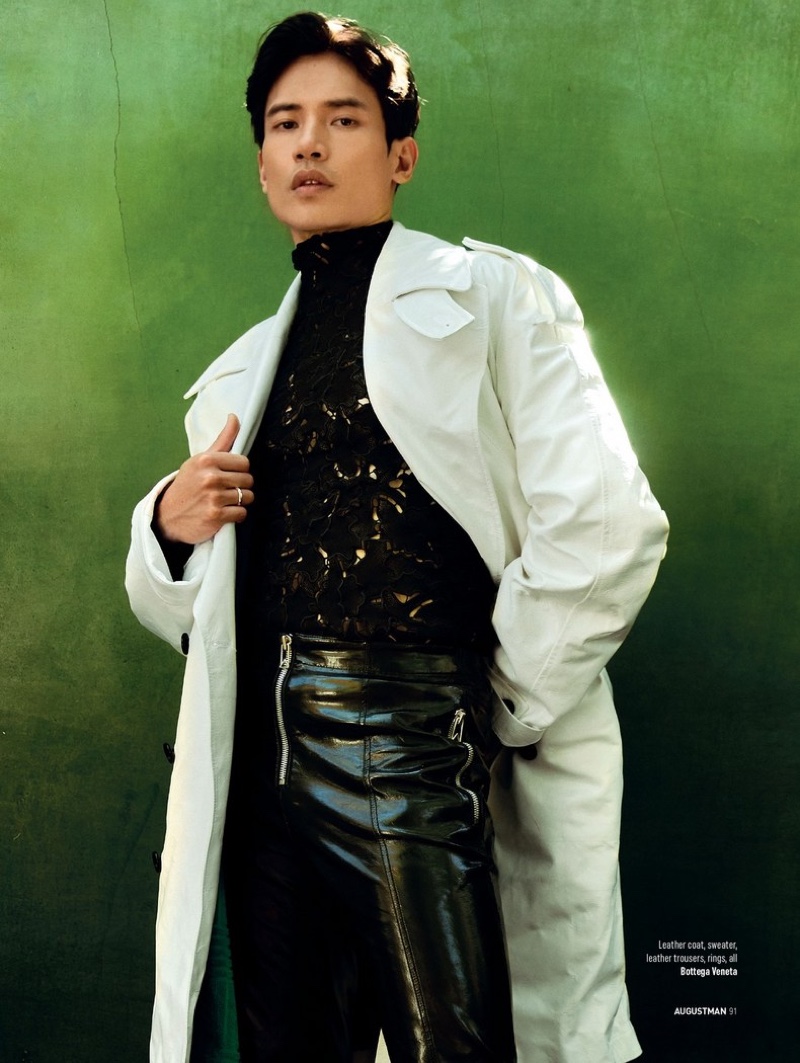 Embracing a bold fall look, Manny Jacinto sports Bottega Veneta for August Man.