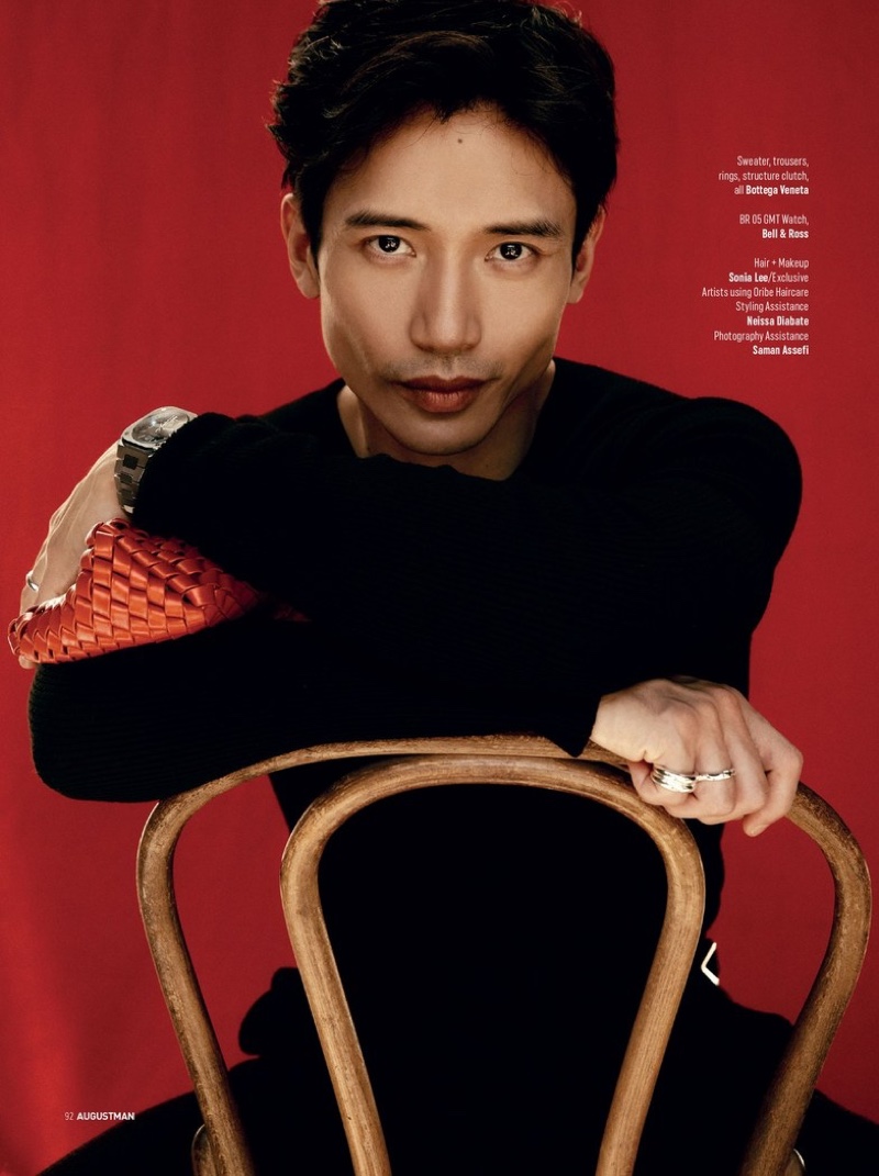 Hitting the studio with August Man, Manny Jacinto wears Bottega Veneta.