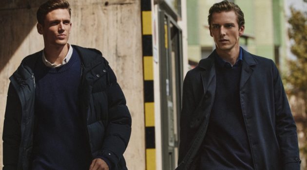 Models Xavier Gibson and Quentin Demeester head out for a stroll in sharp looks from Massimo Dutti.