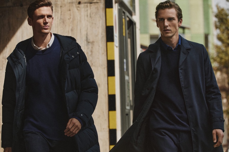 Models Xavier Gibson and Quentin Demeester head out for a stroll in sharp looks from Massimo Dutti.