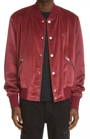 Men's Amiri Embroidered Logo Velveteen & Satin Bomber Jacket, Size 36 US - Burgundy Men's Amiri Embroidered Logo Velveteen & Satin Bomber Jacket, Size 36 US - Burgundy