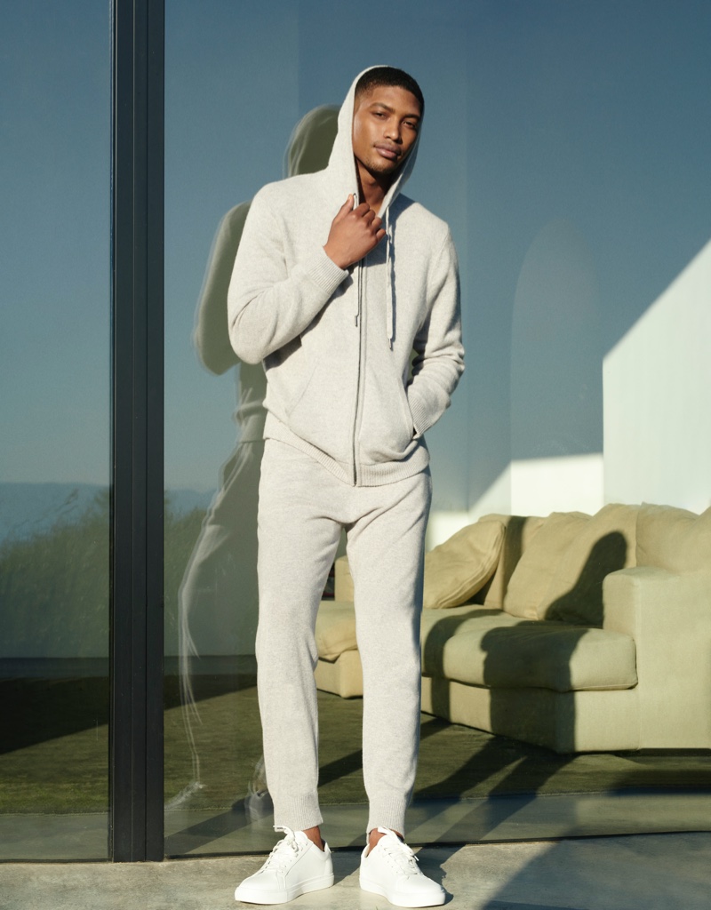 Embracing leisure style, Timothy Lewis dons a cozy number for NAKEDCASHMERE's fall 2021 campaign.