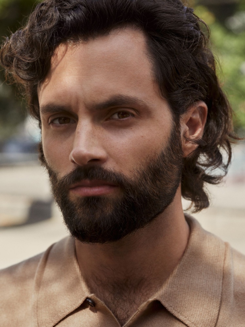 Ready for his close-up, Penn Badgley dons a Mr P. cashmere and silk-blend polo shirt for Mr Porter.