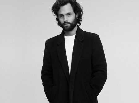 Penn Badgley dons a Mr P. cashmere coat, Tom Ford shirt t-shirt, and Saint Laurent chinos for Mr Porter.