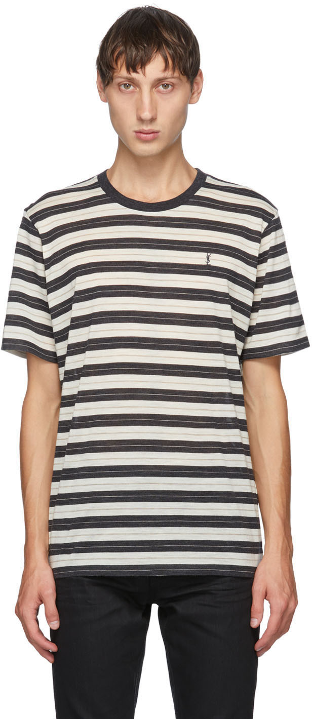 Saint Laurent Beige Striped Monogramme T-Shirt | The Fashionisto
