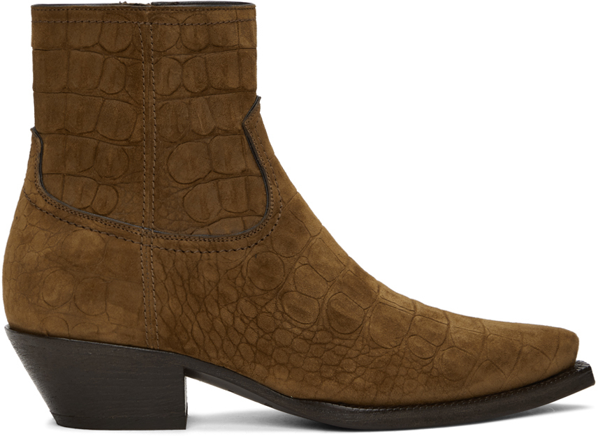 Saint Laurent Brown Croc Suede Lukas Boots | The Fashionisto