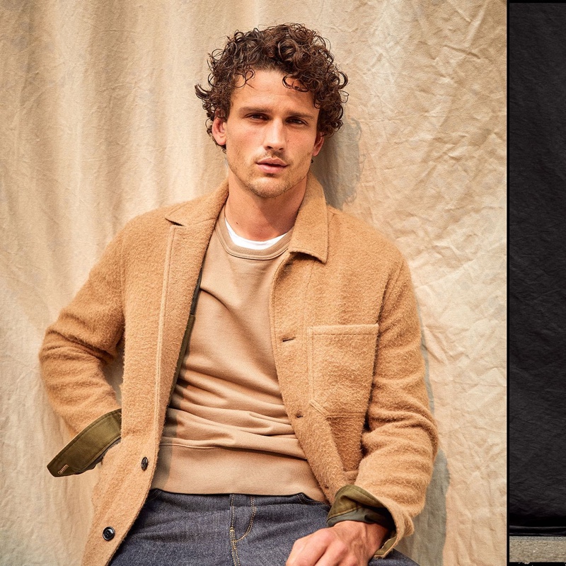 Going casual, Simon Nessman models Todd Snyder's Italian brushed camel hair chore coat with a sweatshirt and jeans.