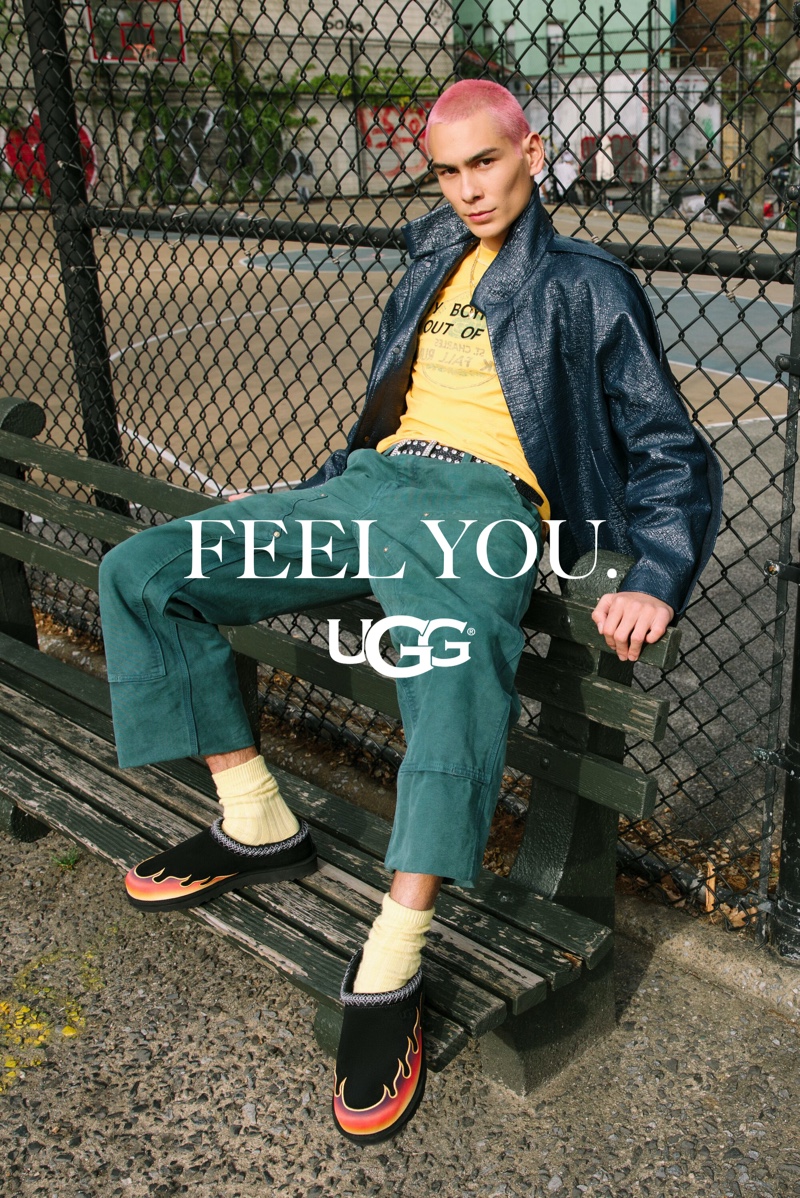 Evan Mock wears UGG's Tasman Flame for the brand's fall-winter 2021 "Feel You" campaign.