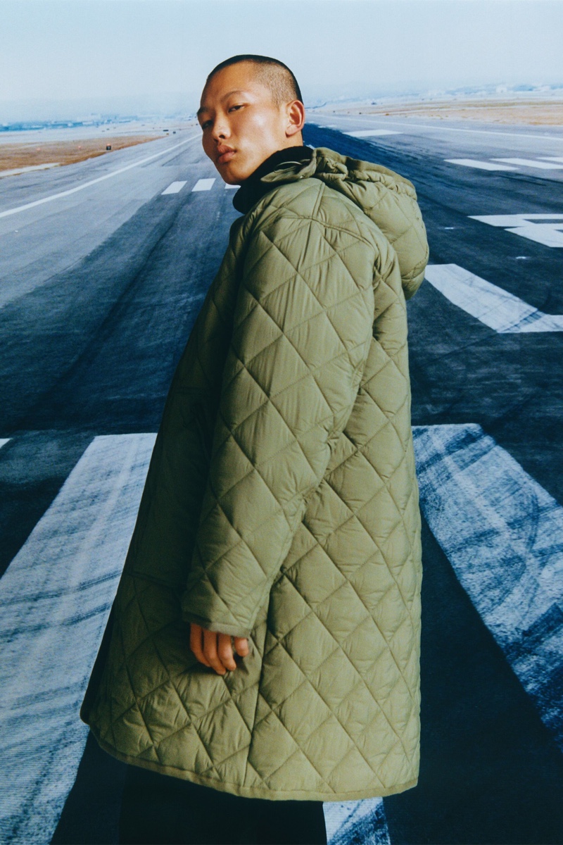 James Baek wears a hooded padded parka from Zara.