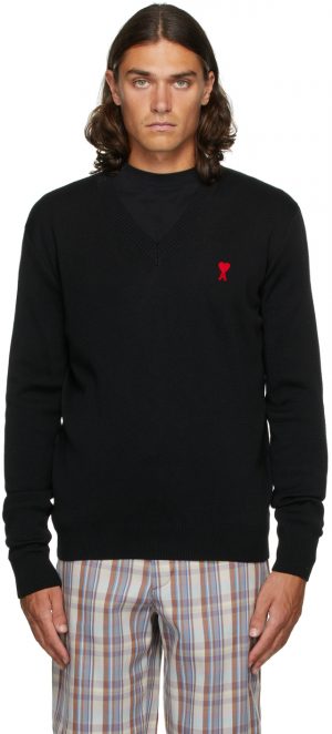 AMI Alexandre Mattiussi Black V-Neck Ami de Caur Sweater AMI Alexandre Mattiussi Black V-Neck Ami de Caur Sweater