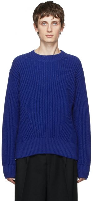 AMI Alexandre Mattiussi Blue Virgin Wool Rib Boxy Sweater AMI Alexandre Mattiussi Blue Virgin Wool Rib Boxy Sweater