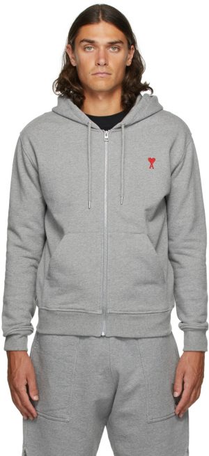 AMI Alexandre Mattiussi Grey Ami de Caur Zip Hoodie AMI Alexandre Mattiussi Grey Ami de Caur Zip Hoodie