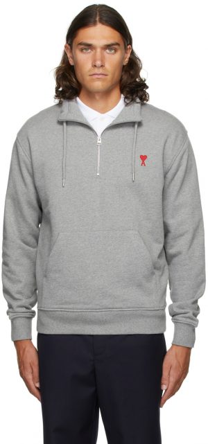 AMI Alexandre Mattiussi Grey Half-Zip Ami de Caur Sweatshirt AMI Alexandre Mattiussi Grey Half-Zip Ami de Caur Sweatshirt