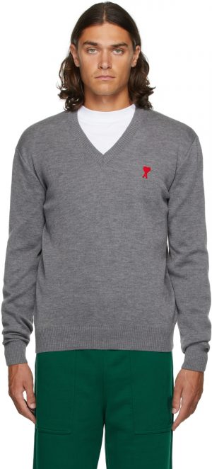 AMI Alexandre Mattiussi Grey V-Neck Ami de Caur Sweater AMI Alexandre Mattiussi Grey V-Neck Ami de Caur Sweater