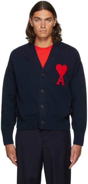 AMI Alexandre Mattiussi Navy Ami de Caur Oversize Cardigan AMI Alexandre Mattiussi Navy Ami de Caur Oversize Cardigan