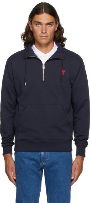 AMI Alexandre Mattiussi Navy Half-Zip Ami de Caur Sweatshirt AMI Alexandre Mattiussi Navy Half-Zip Ami de Caur Sweatshirt