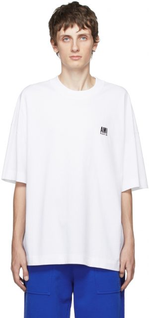 AMI Alexandre Mattiussi White Embroidered Logo Oversize T-Shirt AMI Alexandre Mattiussi White Embroidered Logo Oversize T-Shirt