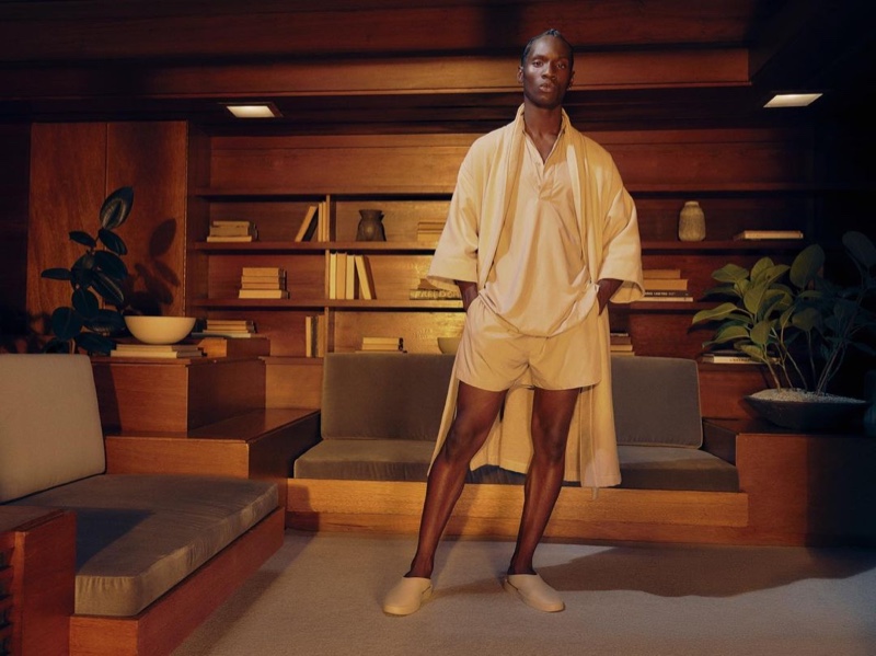Reuniting with Fear of God, Adonis Bosso models a loungewear look in cement.