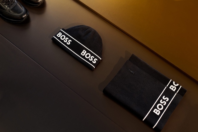 BOSS presents holiday gift ideas in the form of winter accessories such as a logo-adorned knit beanie or scarf.