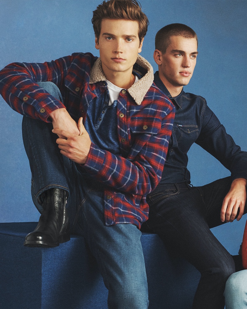 Models Kennan Kelley and Jake Hart model casual fall denim looks from Buffalo David Bitton.