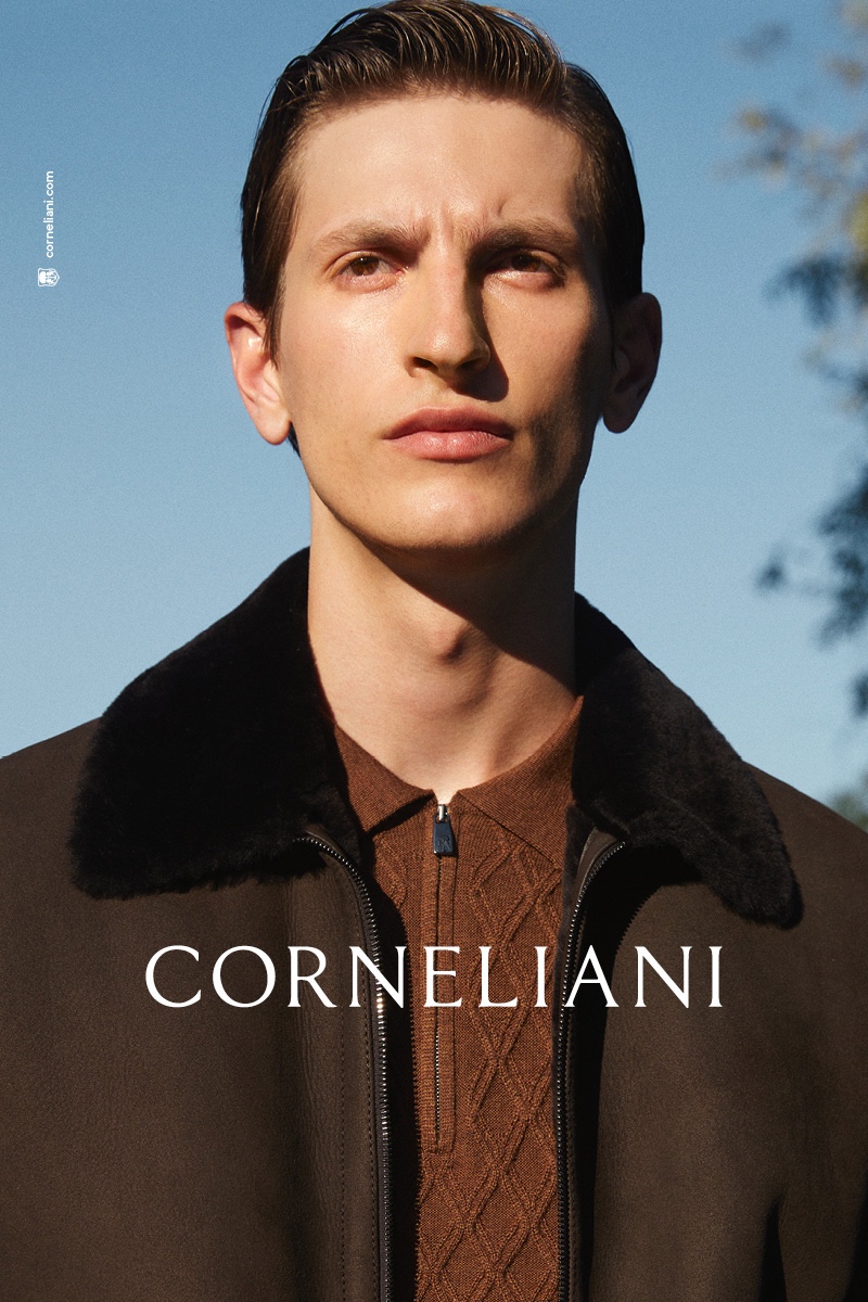 Model Theodor Pal takes up the spotlight for Corneliani's fall-winter 2021 campaign.