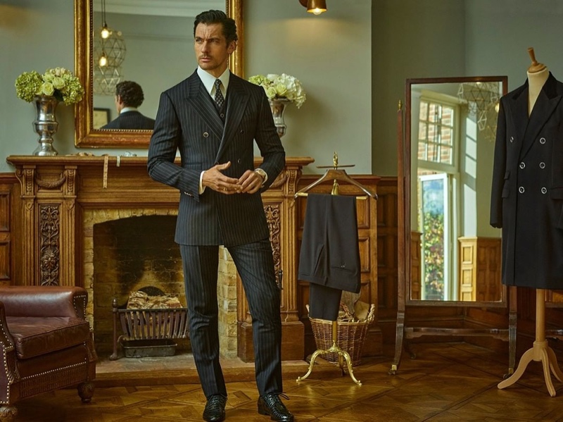 British model David Gandy wears a double-breasted pinstripe suit for Dolce & Gabbana's Made to Measure campaign.