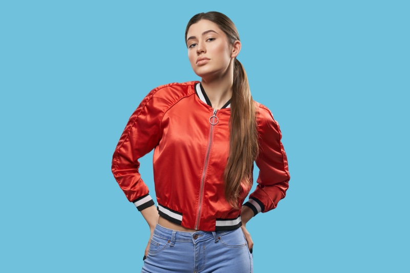 Female Model Red Satin Bomber Jacket Jeans