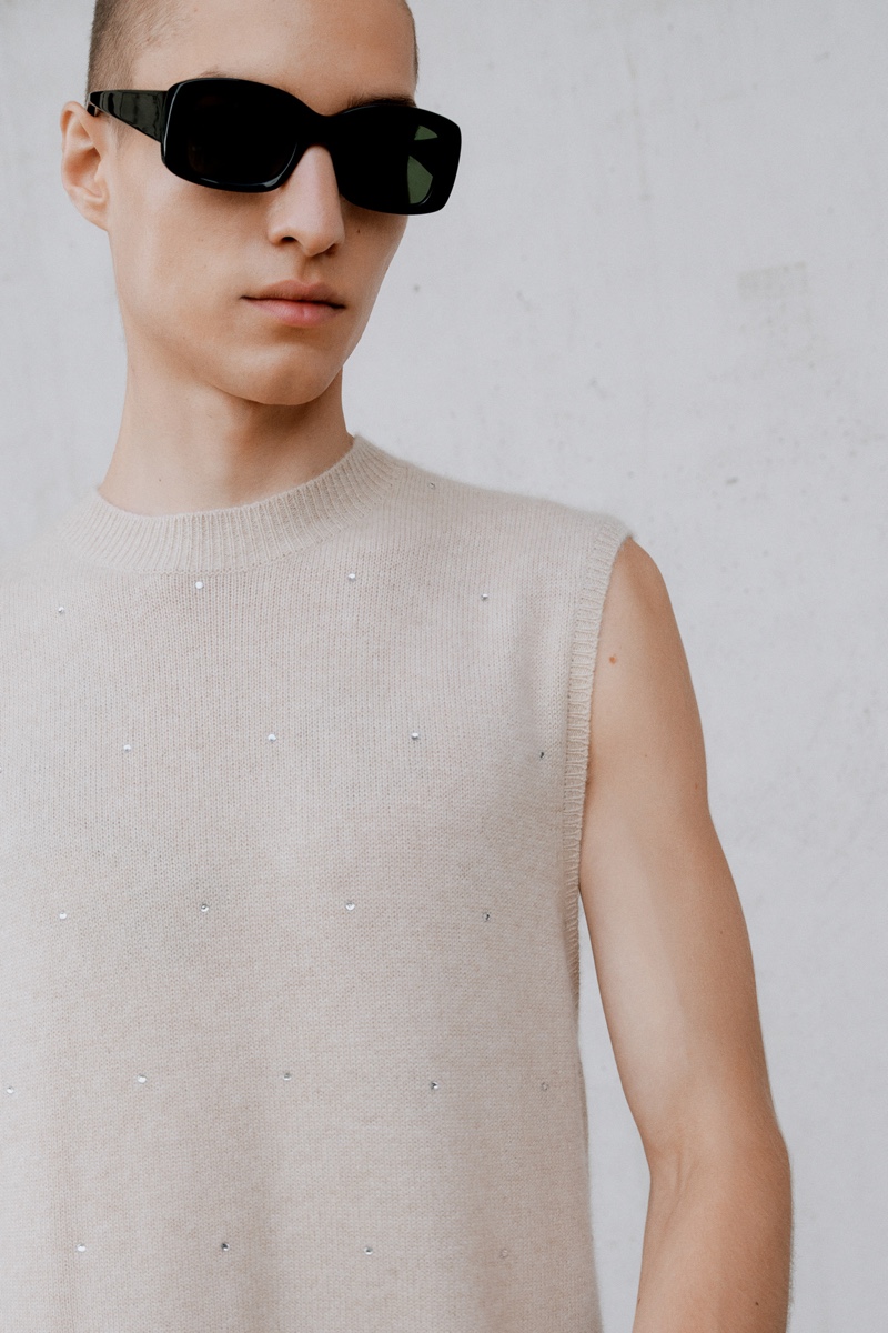 Making a soft statement for spring-summer 2022, Filippa K unveils this cashmere sweater vest worn by David Shyn.