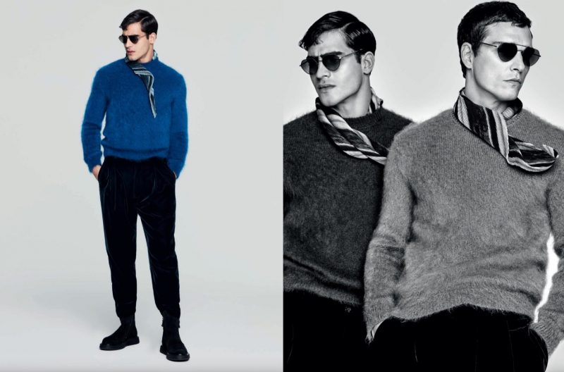 Jhonattan Burjack and Alexandre Cunha model sweaters and sunglasses from Giorgio Armani's fall-winter 2021 collection.