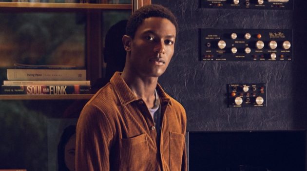 Hamid Dons a Winter Wardrobe of Earthy Hues by Todd Snyder Embracing an earthy shade in rust, Hamid Onifade models Todd Snyder's ribbed velour button-down shirt with slim-fit 5-pocket chinos.