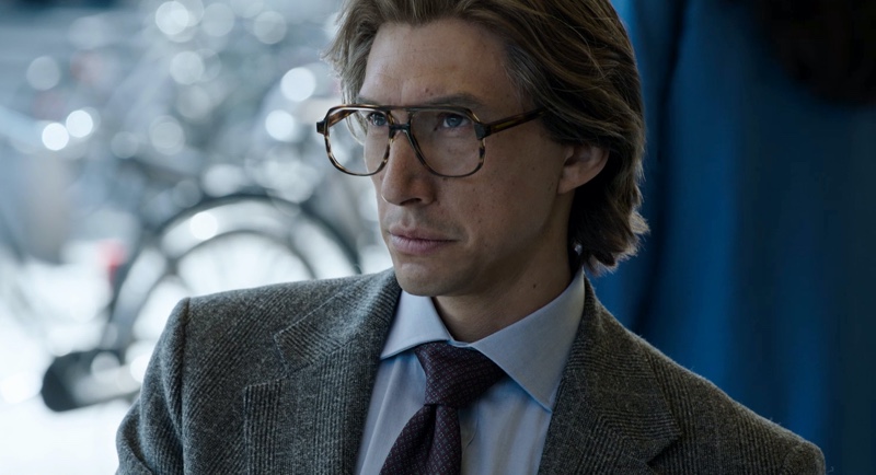 Actor Adam Driver wears oversized glasses as Maurizio Gucci in Ridley Scott's "House of Gucci" film.