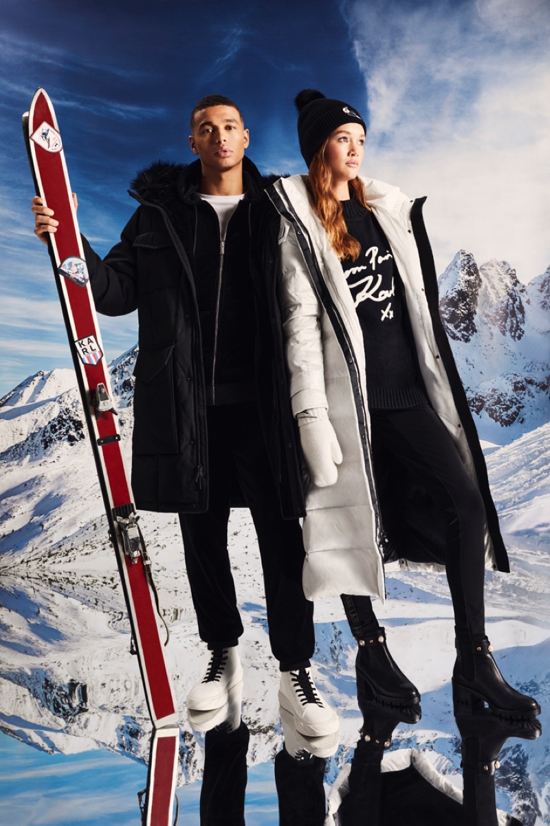 Models Shae Pulver and Maia Hannemann bundle up in warm coats and clothing from Karl Lagerfeld Paris' Après Ski capsule collection.