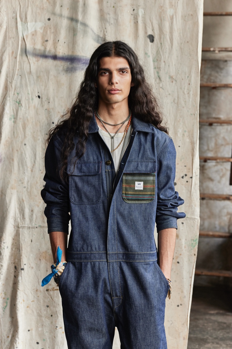 In front and center, Karim Turk models a denim boilersuit from the Lee x Pendleton collection.