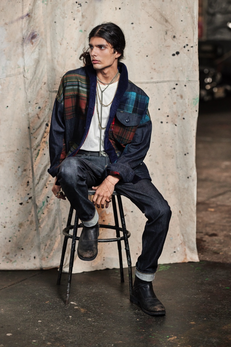 Making a rustic statement, Karim Turk wears a mixed pattern denim jacket from the Lee x Pendleton collection.