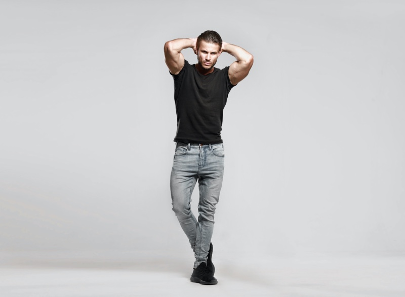Male Model Black Shirt Light Jeans