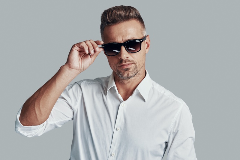 Male Model Brown Lens Sunglasses White Shirt