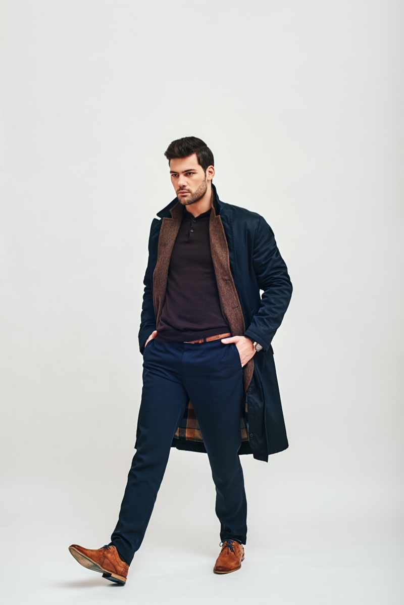 Male Model Hands Pockets Trousers Coat Outfit