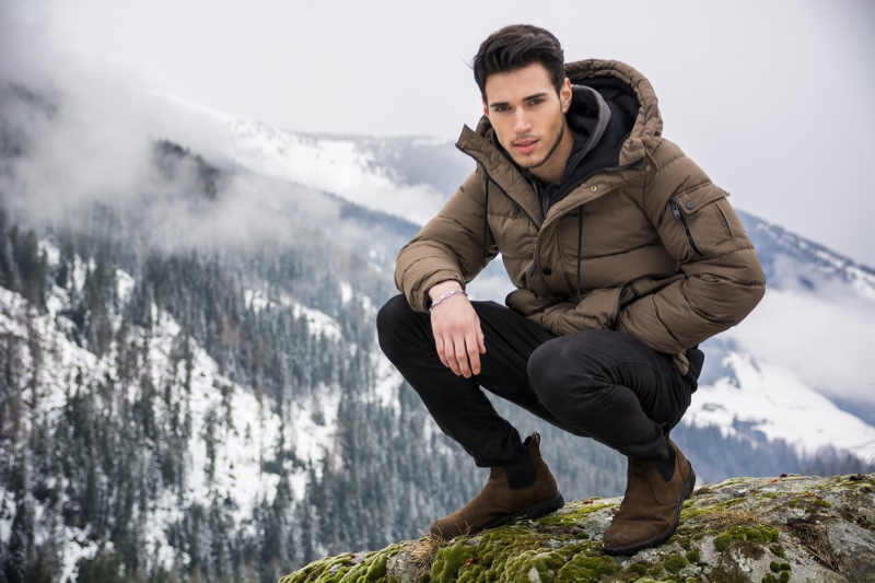 Male Model Puffer Jacket Outdoors Mountain Male Model Puffer Jacket Outdoors Mountain