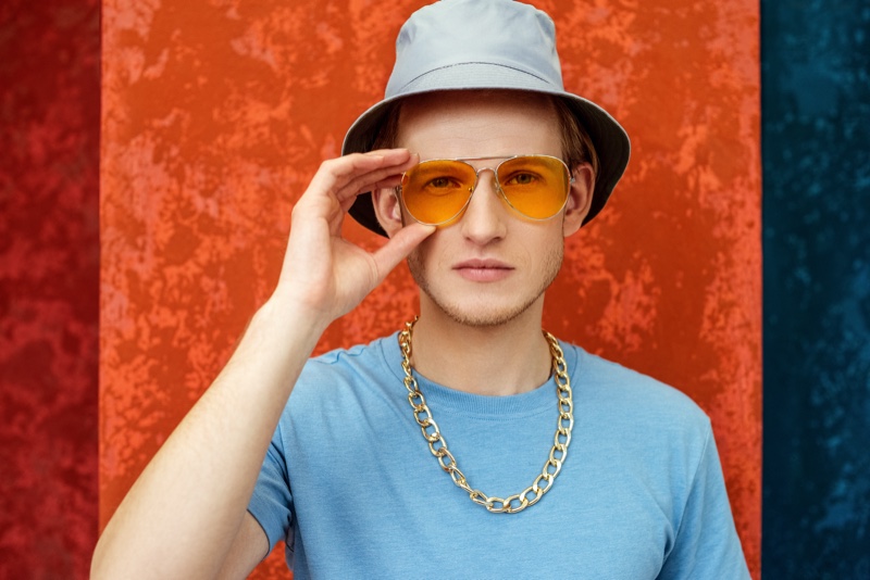 Male Model gold Chain Necklace Sunglasses Bucket Hat