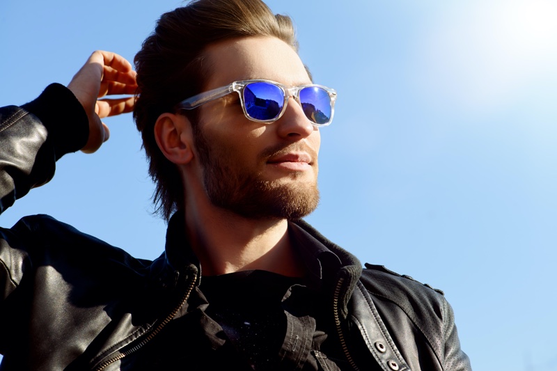 Man Blue Lens Sunglasses Outside Man Blue Lens Sunglasses Outside
