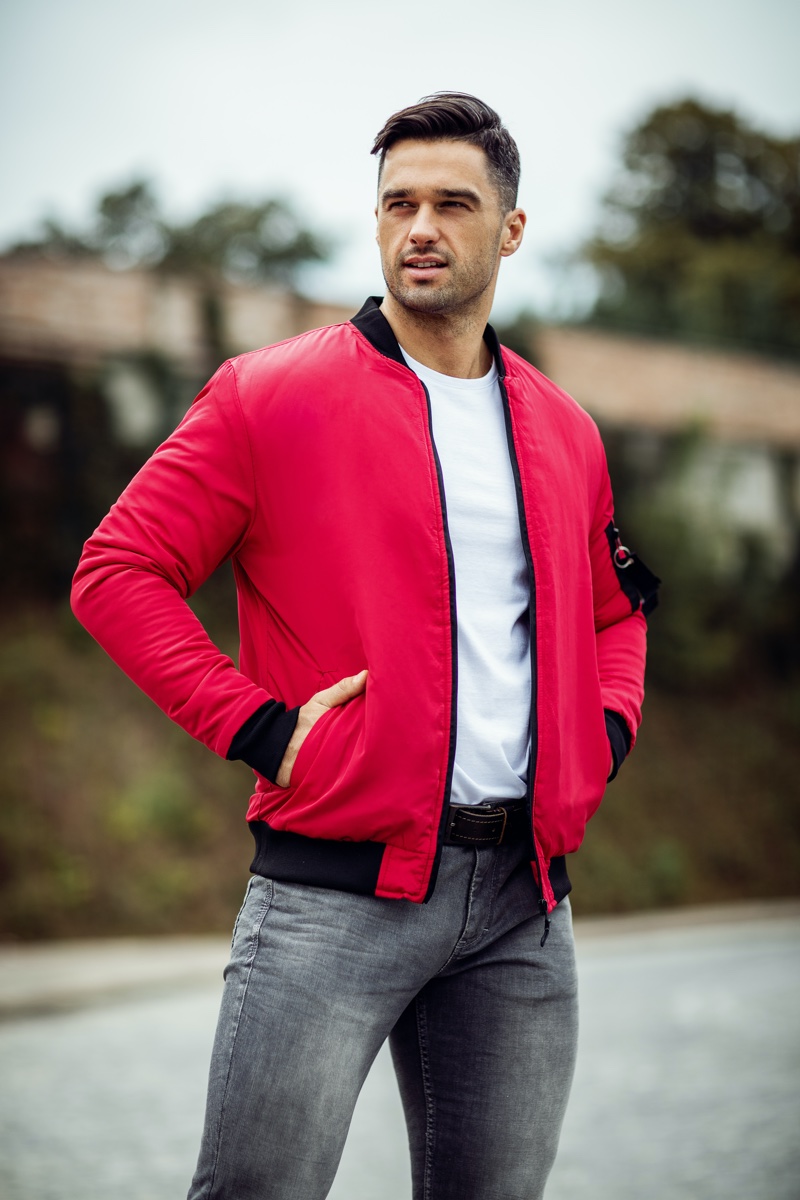 Man Red Bomber Jacket Jeans White T-Shirt » How to Style a Red Bomber Jacket Man Red Bomber Jacket Jeans White T-Shirt