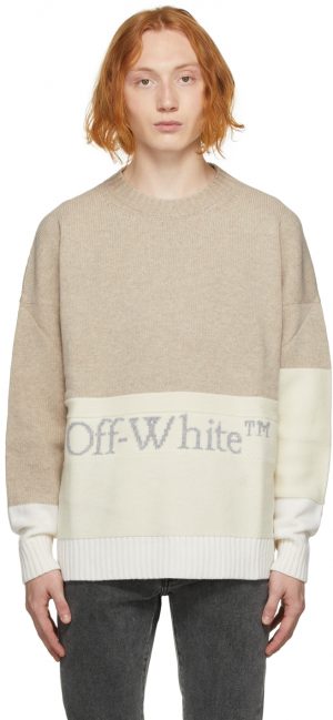 Off-White Beige Knit Blocked Crewneck Off-White Beige Knit Blocked Crewneck