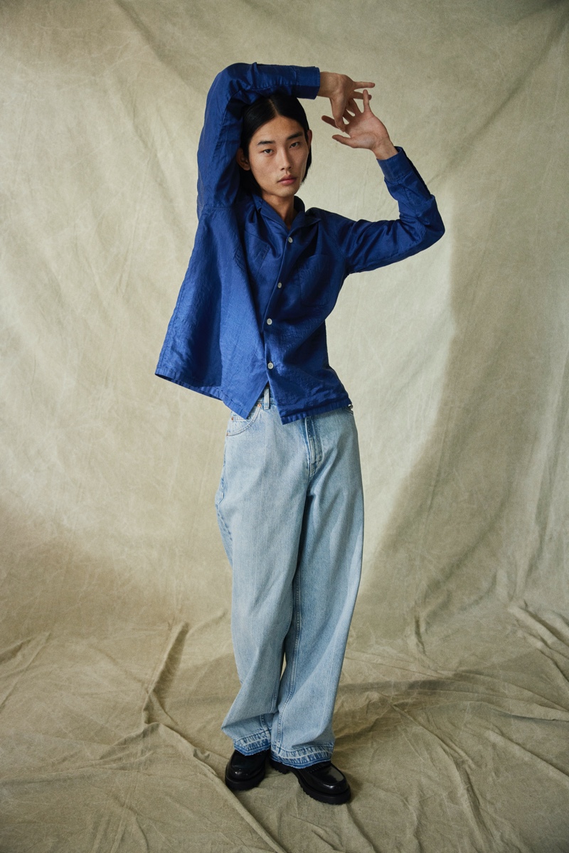 Hitting the photo studio, Taemin Park wears a shirt and relaxed denim from the Our Legacy x Mytheresa capsule collection.