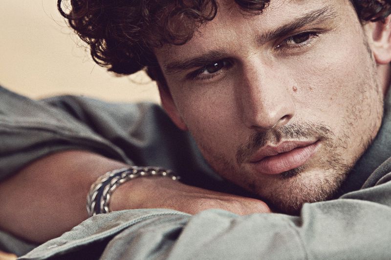 Top model Simon Nessman wears Chevron bracelets for David Yurman's fall-winter 2021 campaign.